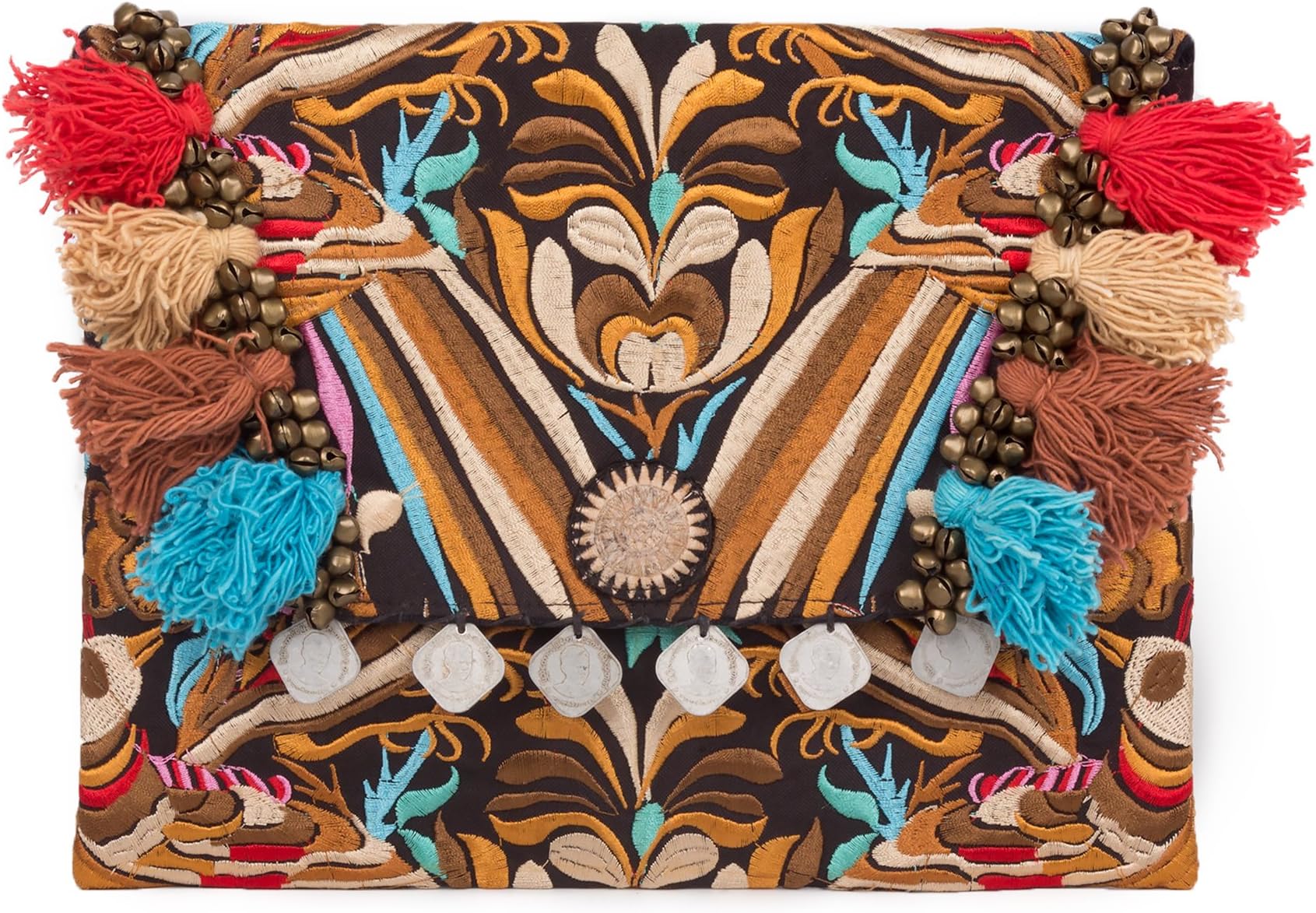 Changnoi Handmade Boho Clutch Bag with Flower Embroidery Decorative Tassels