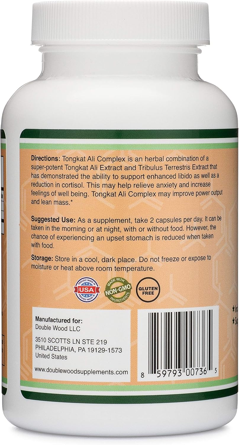 Tongkat Ali Extract 200 to 1 (Longjack) Eurycoma Longifolia, 1000mg per Serving, 120 Capsules - Natural Testosterone Supplement and Libido Booster, with 20mg Tribulus Terrestris by Double Wood: Health & Personal Care