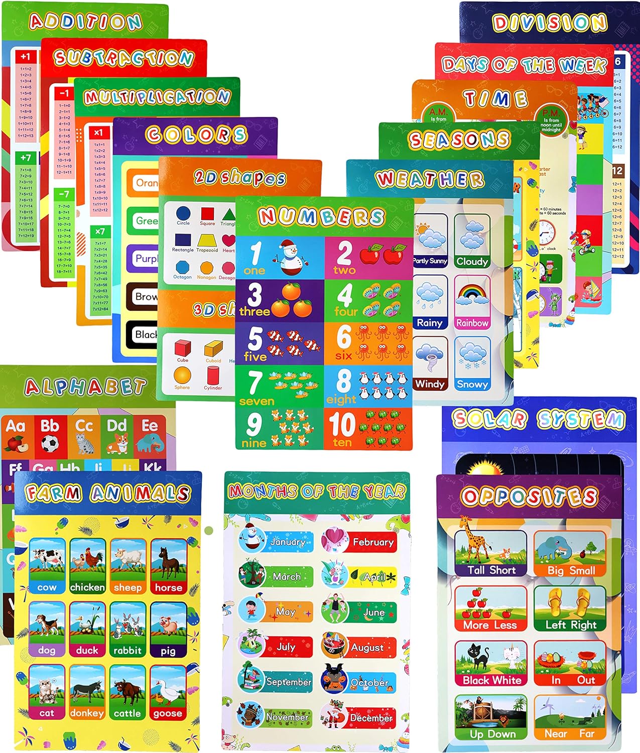 Educational Preschool Poster-16 Pieces Colorful and Easy to Read Educational Posters with Glue Point Dot Learning Decor for Toddlers or Homeschool Younger Children (16PCs)