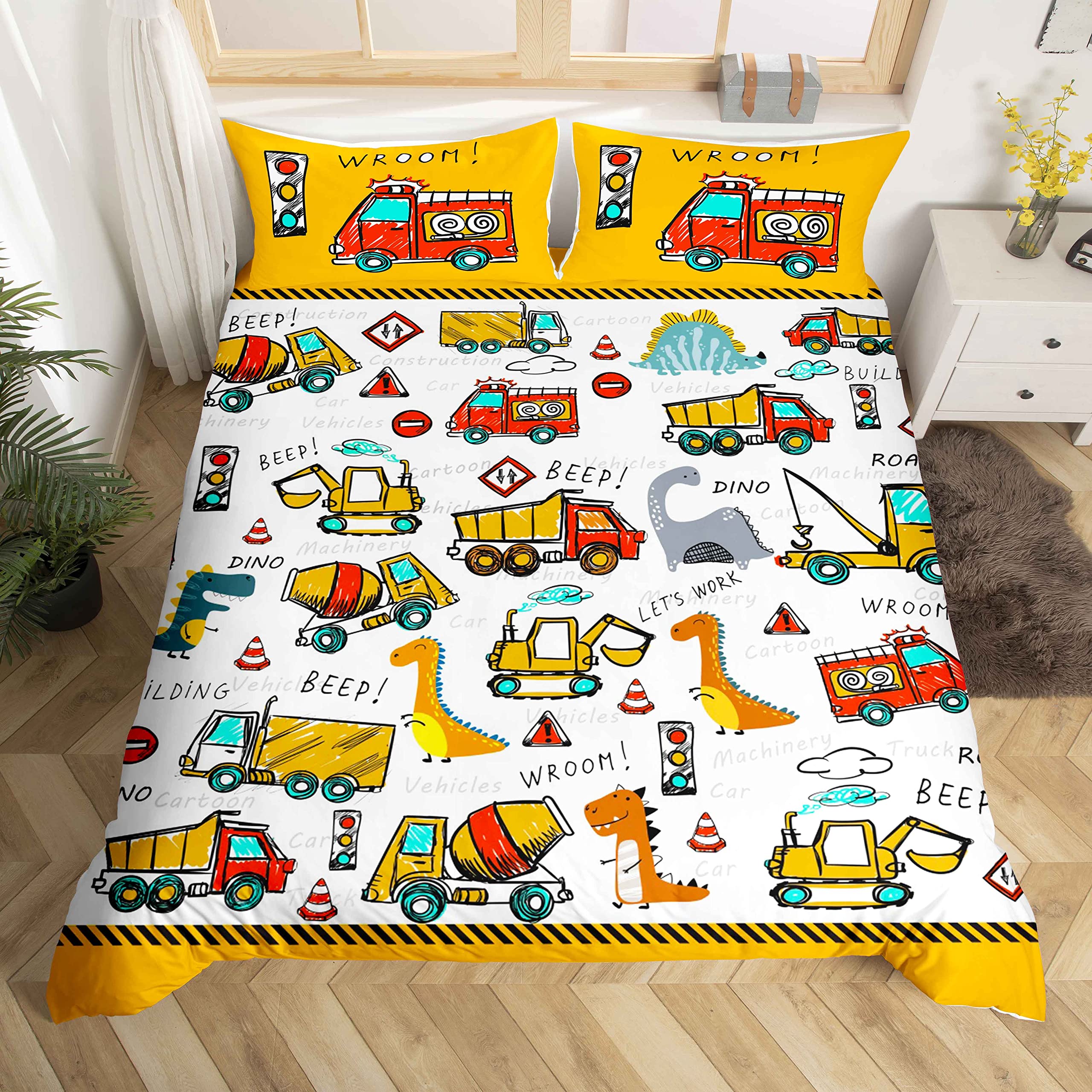 Loussiesd Kids Construction Bedding Set Single Boys Cute Cartoon Dinosaur Duvet CoverSuper Soft Microfiber Equipment Trucks Car Comforter Cover with 2Machinery Truck Pillow Case, Double Dino Bedding