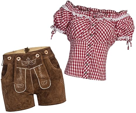 Gaudi-Leathers Damen Set Trachten Kniebund Lederhose Shorts neue Länge hellbraun + Träger + Trachtenbluse Carmenbluse verschi