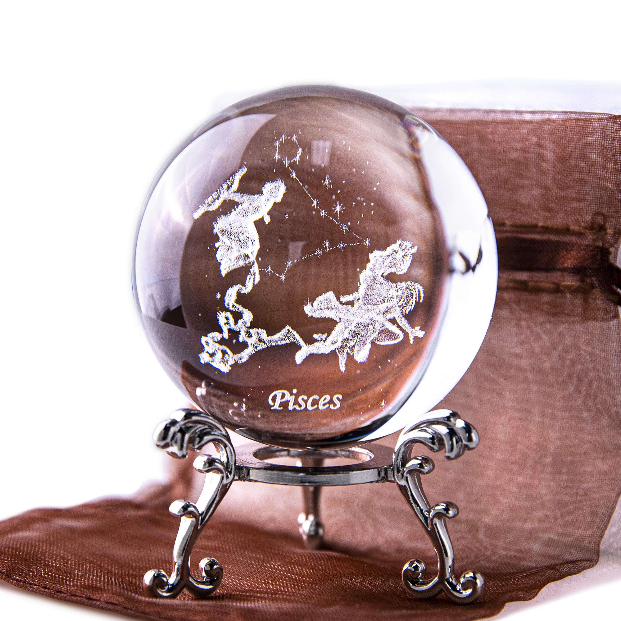 HDCRYSTALGIFTS 60mm 3D Constellation Crystal Ball Figurine Gifts for Women Men Pisces Crystal Ball Paperweight Full Sphere Glass Crystal Ball with Stand Glass Ball Ornaments Deco Gifts for Lovers