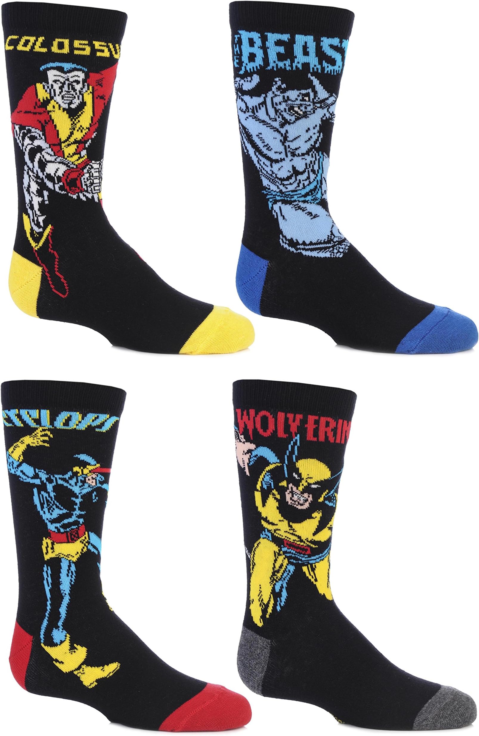 SockShop Kids 4 Pair Marvel X-Men Wolverine, Beast, Cyclops and Colossus Cotton Socks