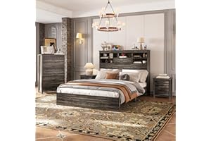XD Designs Farmhouse 4-Pieces Bedroom Sets, Queen Size Platform Bed with 2 Nightstands and 5-Drawer Storage, Wooden Bed Frame with Storage Headboard and Charging Station (Antique Gray-7.17)