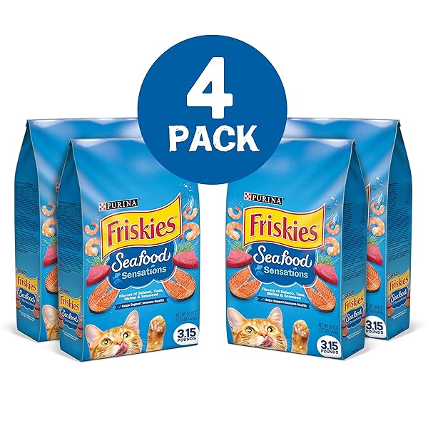 PURINA FRISKIES DRY CAT FOOD SEAFOOD SENSATIONS WITH SALMON, TUNA, AND SHRIMP FLAVORS – (PACK OF 4) 3.15 LB. BAGS