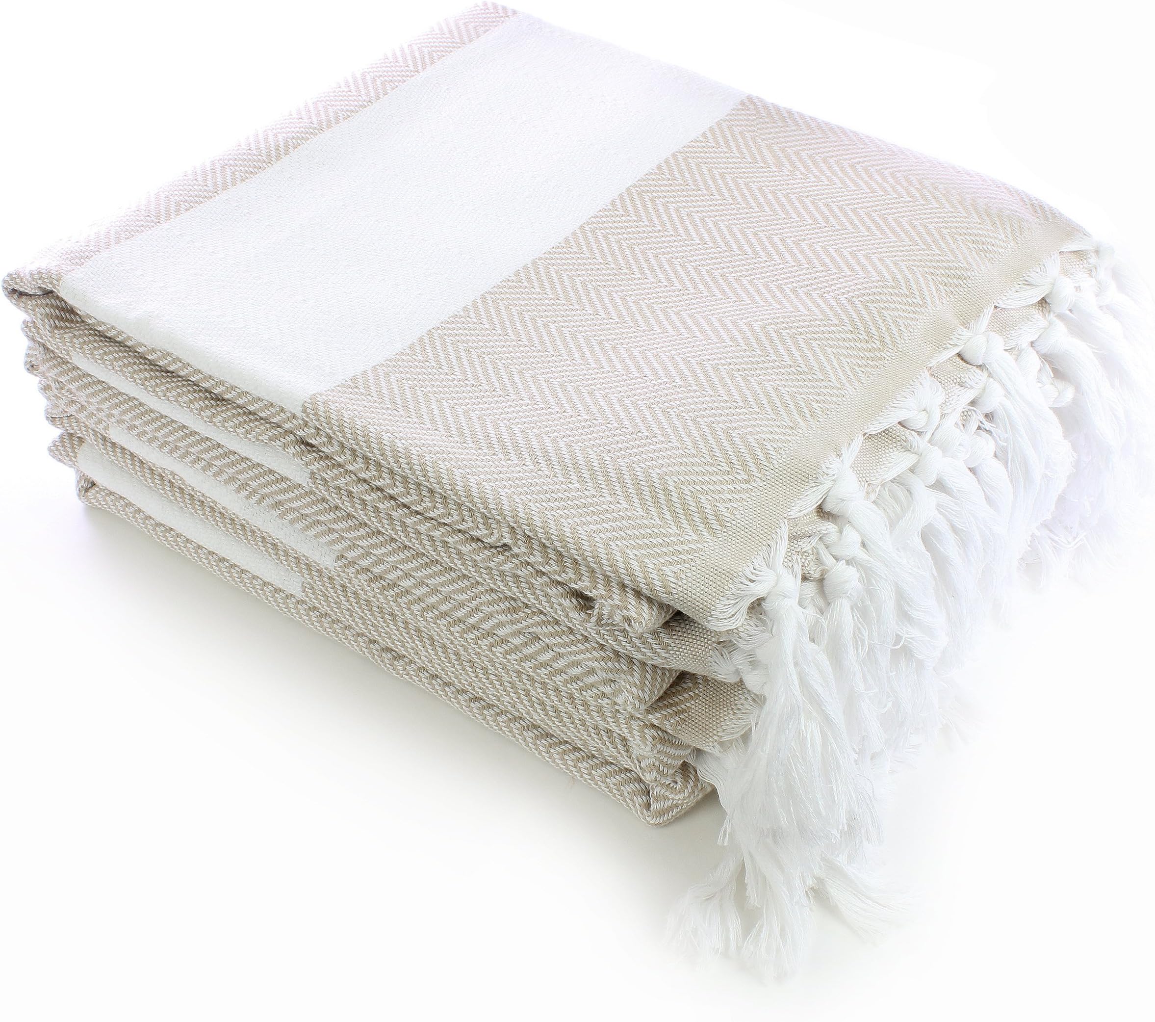 INDULGE Peshtemal Fishbone Pattern - Multifunctional Flat Woven Turkish Towel - a Throw - Blanket - Pareo - Sarong - Beach Towel - Yoga Mat (100% Cotton, Set of 4, Beige)