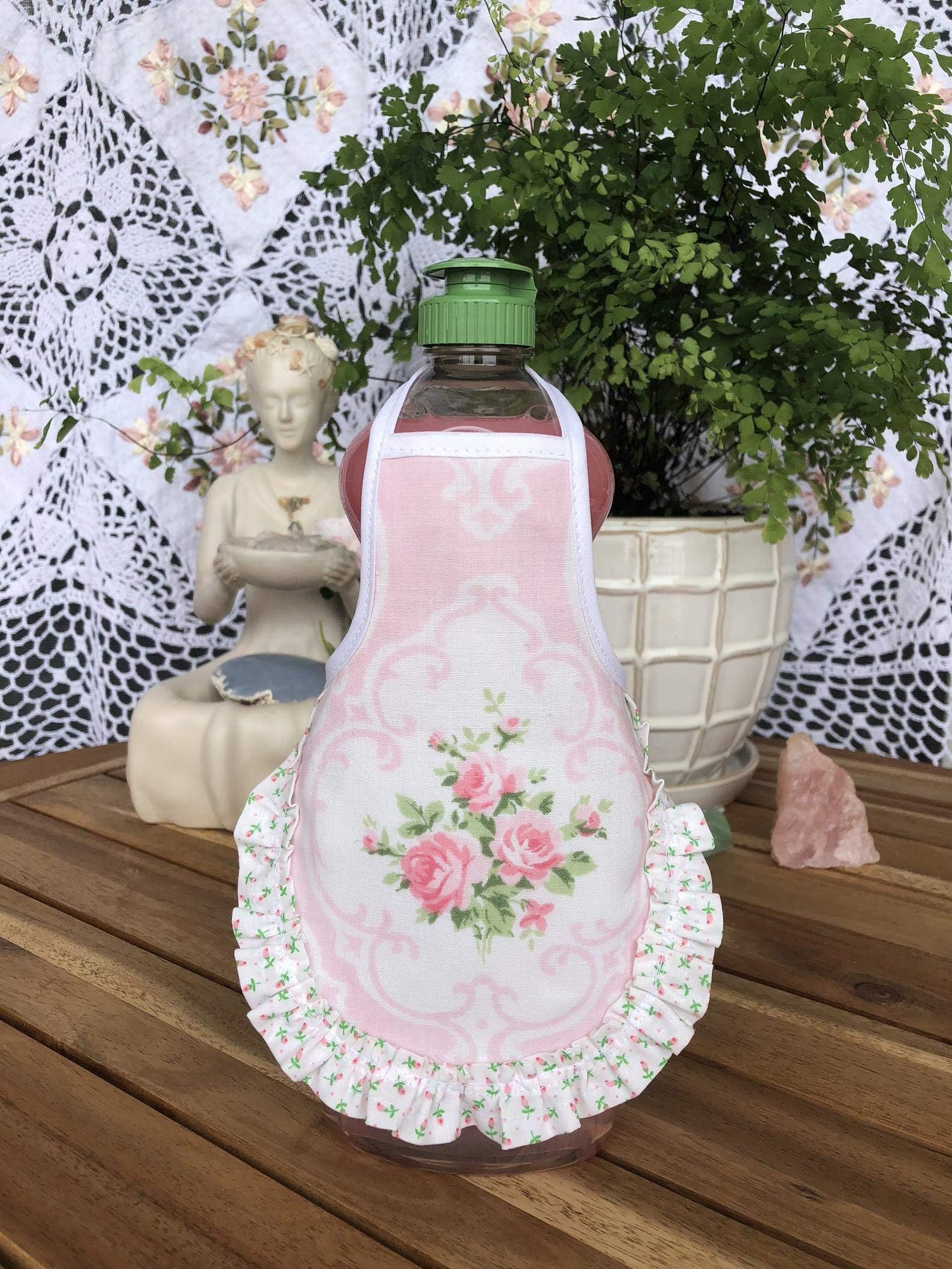 Pink Rose Ruffle Shabby Cottage Chic Love Vanilla Rose -Dish Soap Bottle Apron - fits 25 oz - by Audrey Belisle