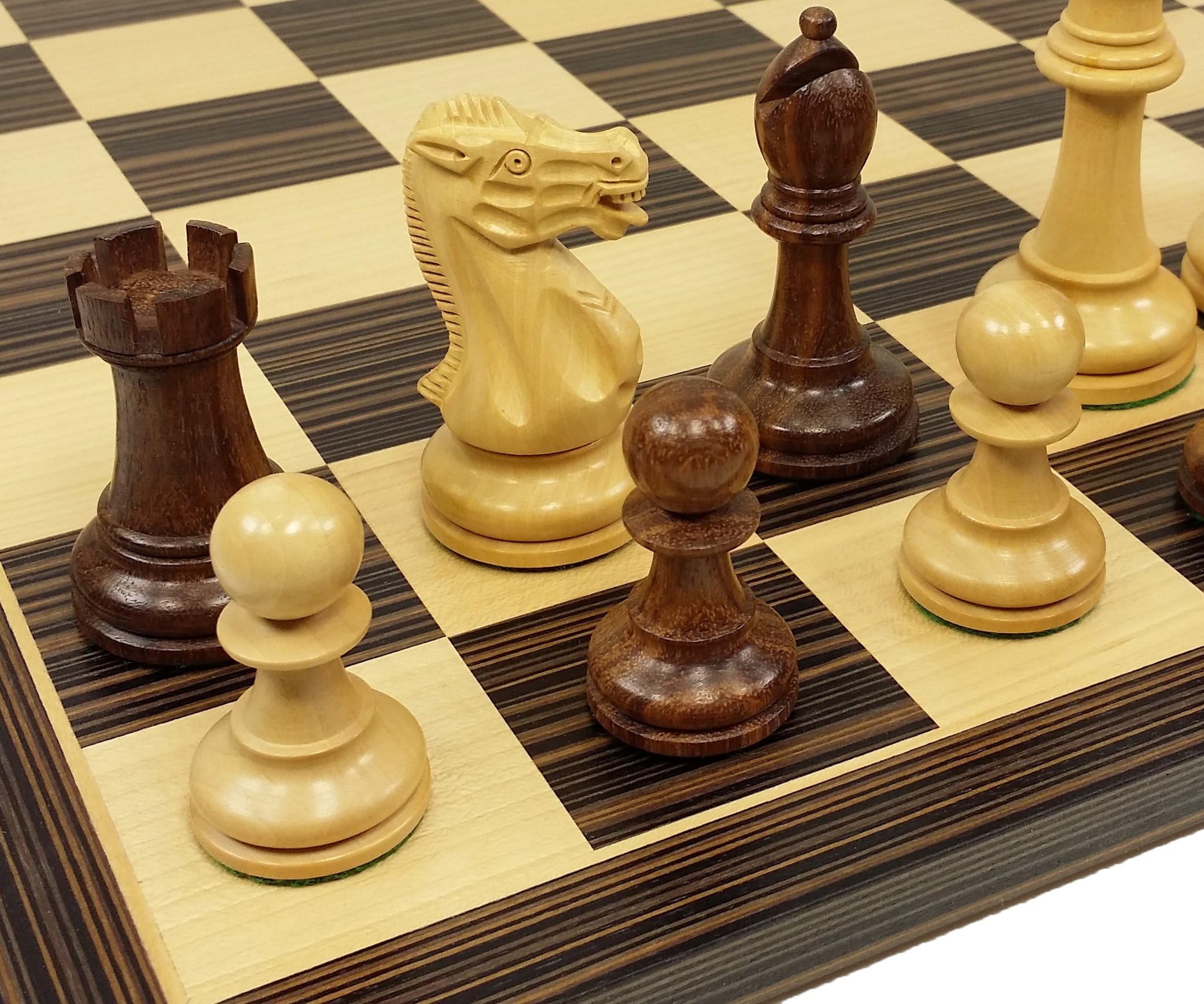 HPL 4 Queens - Sheesham Staunton 3 3/4" King Laughing Knight Wood Chess Set W/ 17" Ebony & Maple Board
