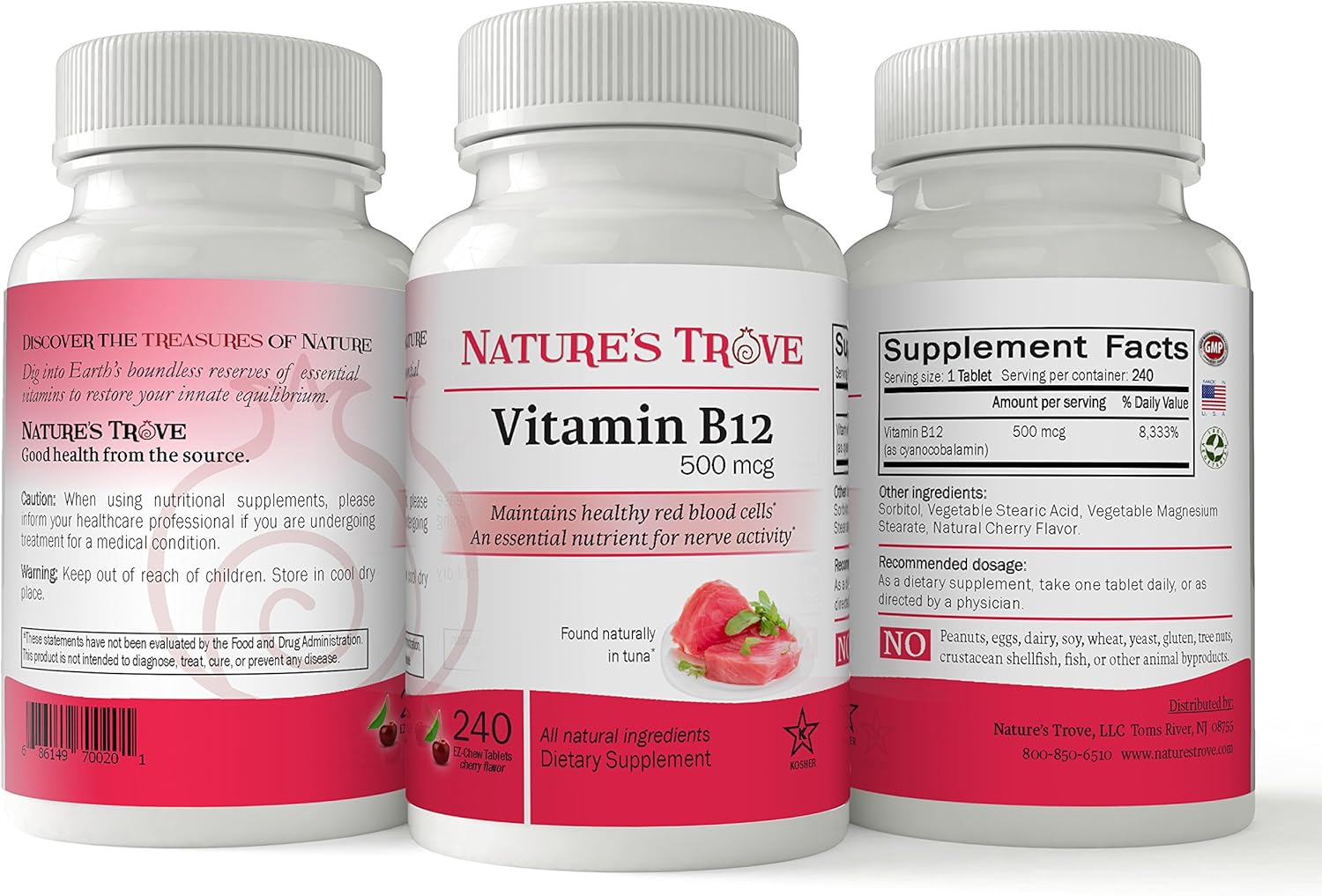 Vitamin B12 500 mcg by Nature's Trove 240 EZ Chew Tablets Cherry