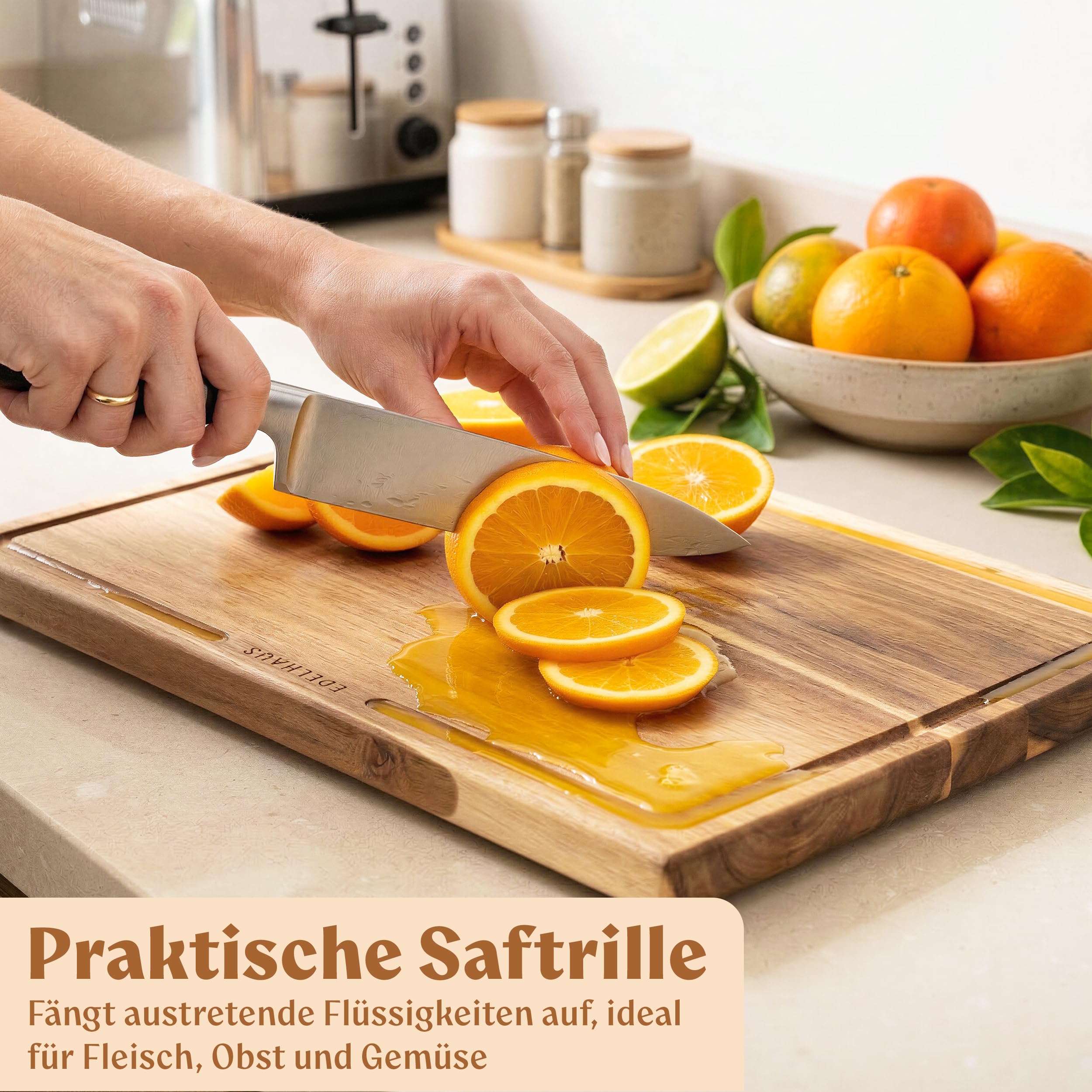 EDELHAUS Schneidebrett Holz 3er Set (40x30cm / 33x24cm / 26x18cm) Holzschneidebrett aus Massiver Akazie - 2cm dicke Holzbretter Küche mit Saftrille - Design Cutting Board Schneidbrett Set 8