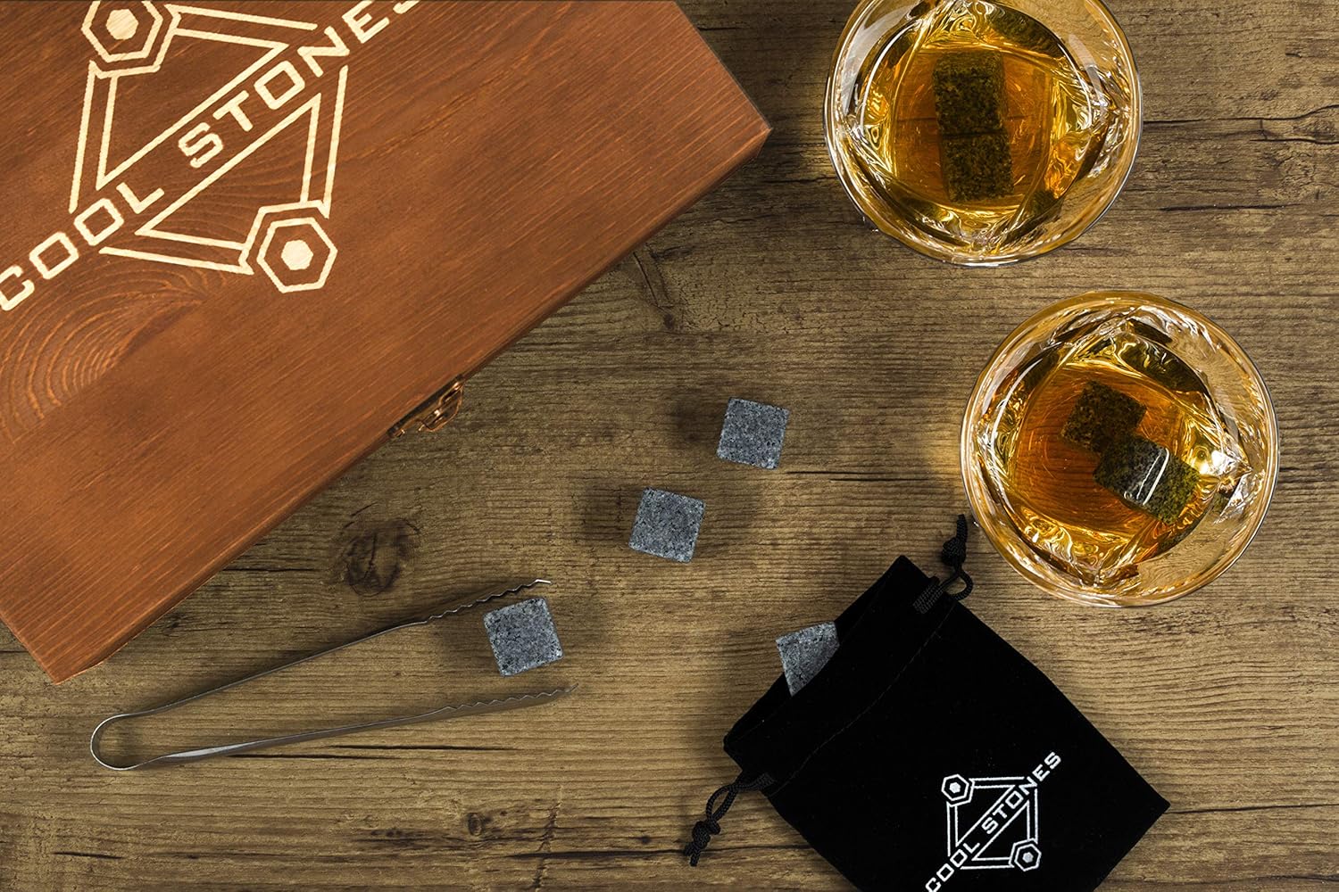 Whiskey Stones and Whiskey Glass Gift Boxed Set, 8 Granite Chilling Whisky Rocks, 2 Glasses in Wooden Box, Great Gift for Father's Day, Dad's Birthday or Anytime For Dad, Plus 2 Free Coasters: Kitchen & Dining