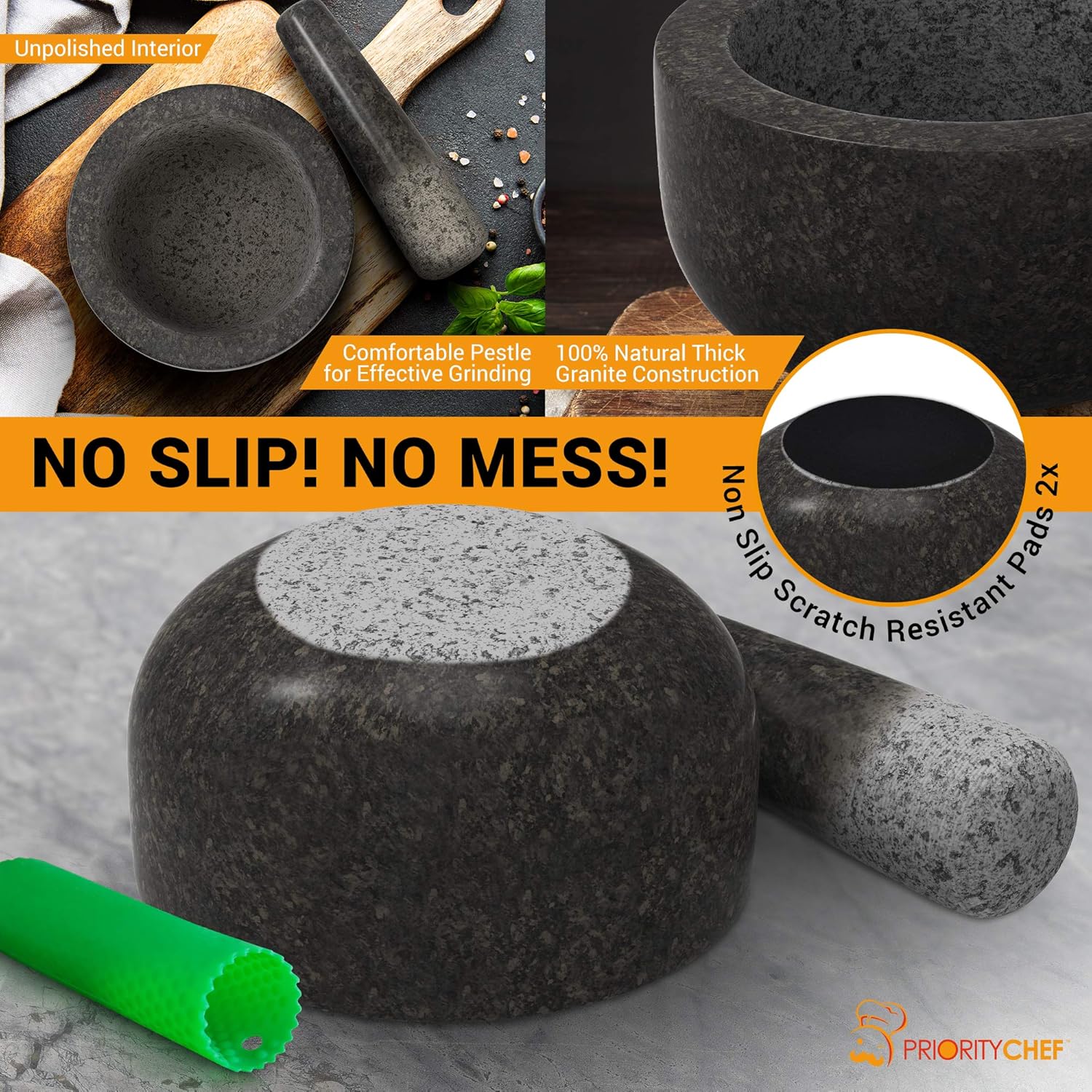 PriorityChef Mortar and Pestle Set, 100% Natural Granite with Polished Black Exterior Finish, 2 Cup Capacity, Silicone Garlic Peeler Included: Kitchen & Dining