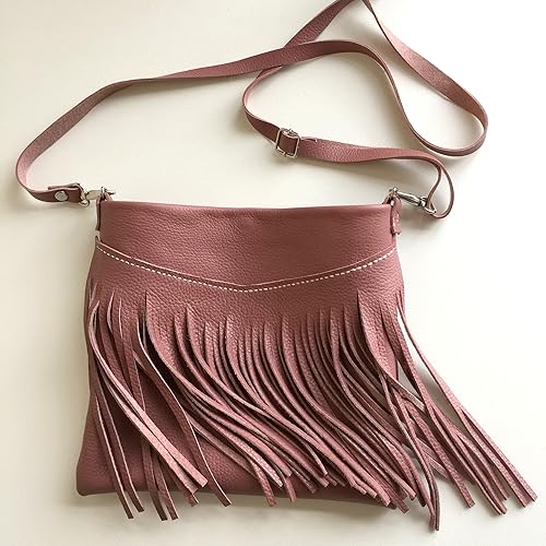 Pink Leather Bag,Fringe Leather Purse,Pink Leather
