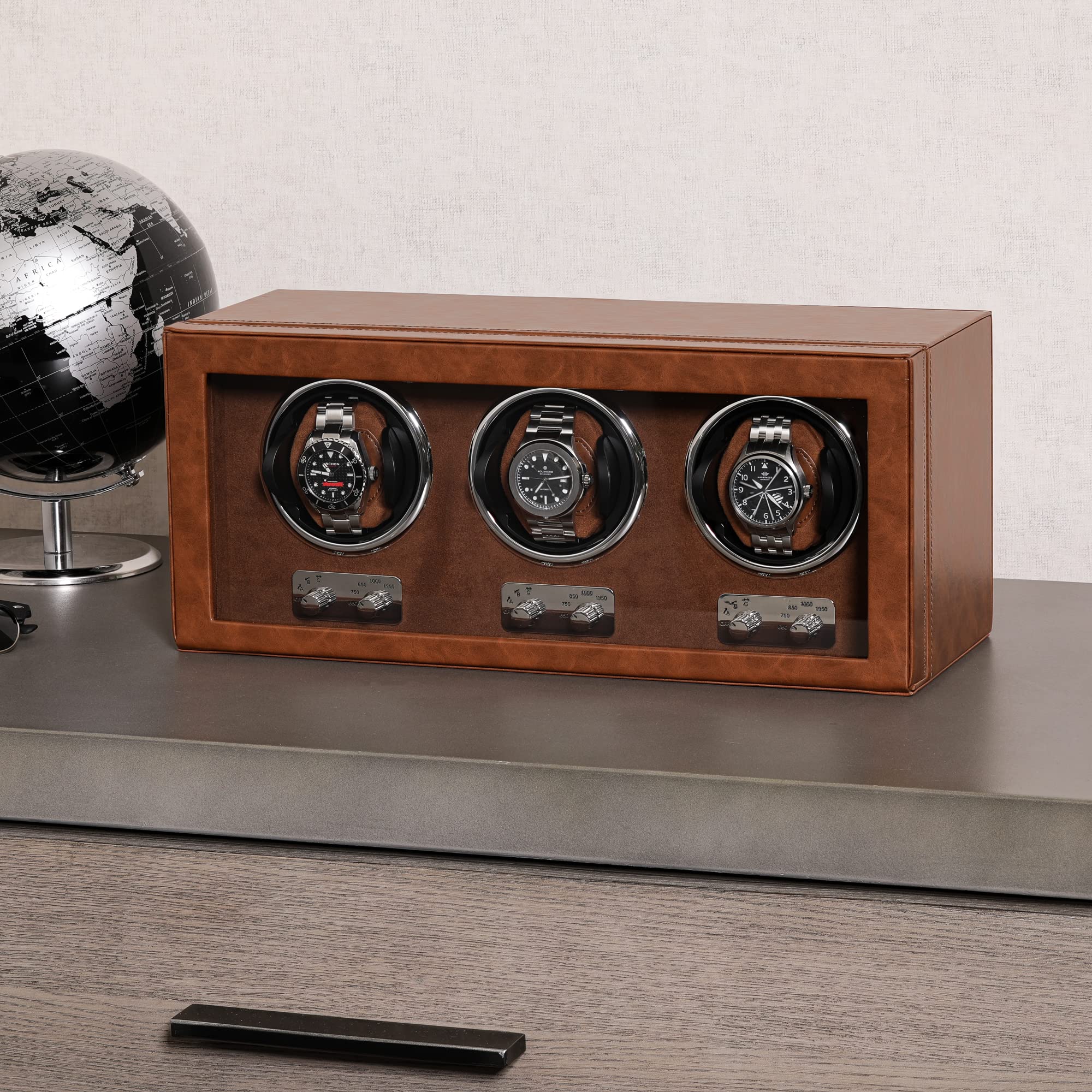ROTHWELL Triple Watch Winder for Automatic Watches with Quiet Motor with Multiple Speeds and Rotation Settings (Tan/Brown)