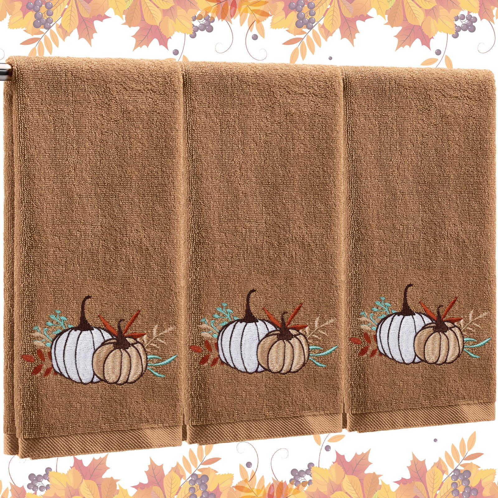 Photo 1 of Fanfanwin 3 Pcs Fall Hand Towels for Bathroom 13.8 x 29.5 Inch Autumn Decorative Bath Towels Sets 100% Cotton Embroidered Pumpkin Maple Thanksgiving Bathroom Decor(Khaki,Pumpkin)