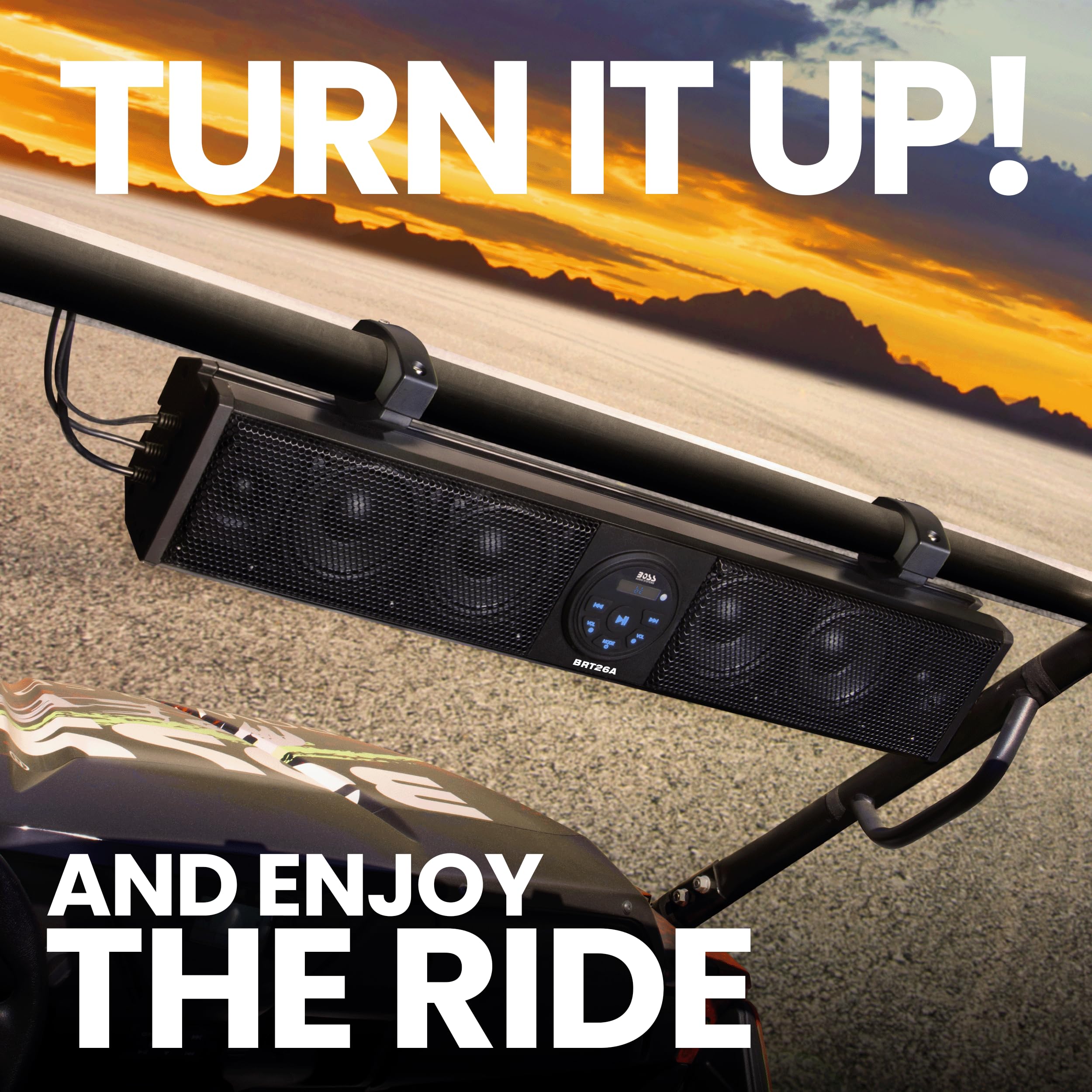 BOSS Audio Systems BRT26A ATV UTV Sound Bar - 26 Inch Wide, 4 Inch Speakers, 1 Inch Soft Dome Tweeters, Full Range, IPX5 Weatherproof, Bluetooth, Built-in Amplifier, Golf Cart Compatible