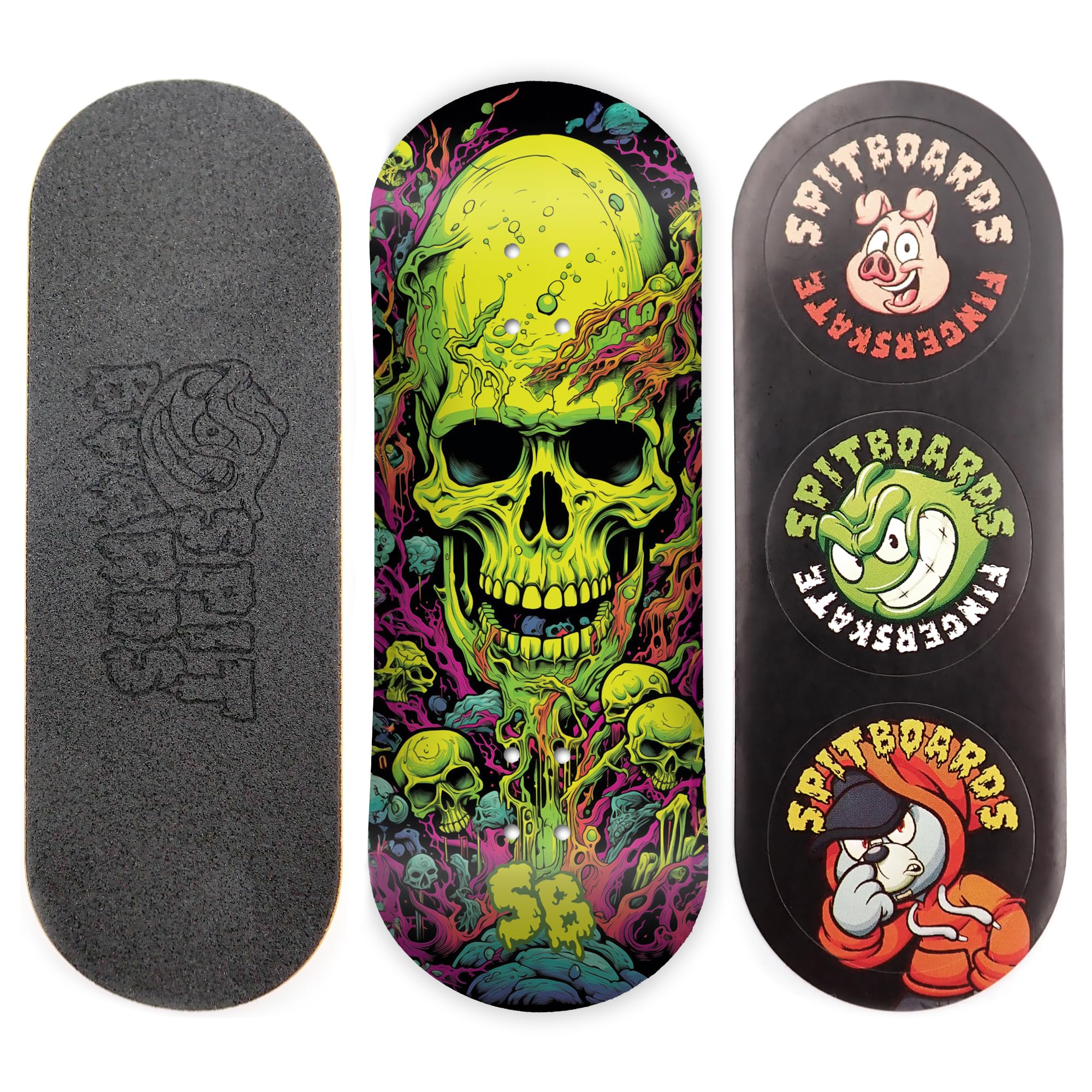 SPITBOARDS 34 mm Fingerboard Deck - Real Wood (5-Layers) Classic Popsicle Street Shape - Size: 34 x 96 mm - Single Graphic Deck (Real Wear) - Optimised Concave - Cave Skull