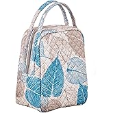 Large Quilted Fabric Cotton Reusable Inusulated Lunch Tote Bag Cooler Snack Bag Women Pretty Thermal Lunch box Storage Gift Bag for Work & Outdoor (Leaves)