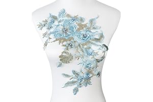 Silvora Colorful Flower Fabric Beaded Lace Applique,3D Embroidered Flower Fabric Patch for Bridal Dress, Handmade Sewing Tool for Wedding DIY Crafts(Blue-1)