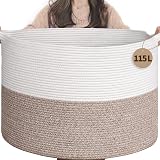 TIMEYARD 115L Extra Large Blanket Basket Soft Cotton Rope Storage White Brown