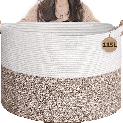 TIMEYARD 115L Extra Large Blanket Basket Soft Cotton Rope Storage White Brown