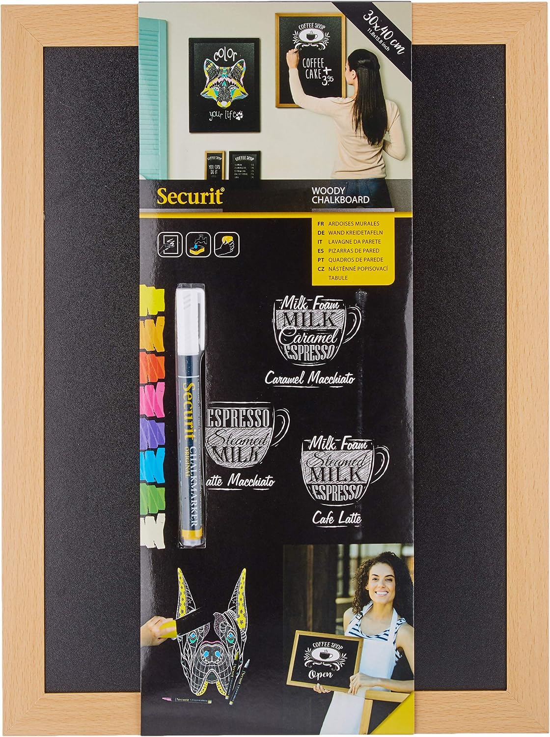 Securit Woody Wood Chalk Board with Chalk Marker, Lacquered Teak Finish, 30 x 40 cm, 6 pc, Multi-color