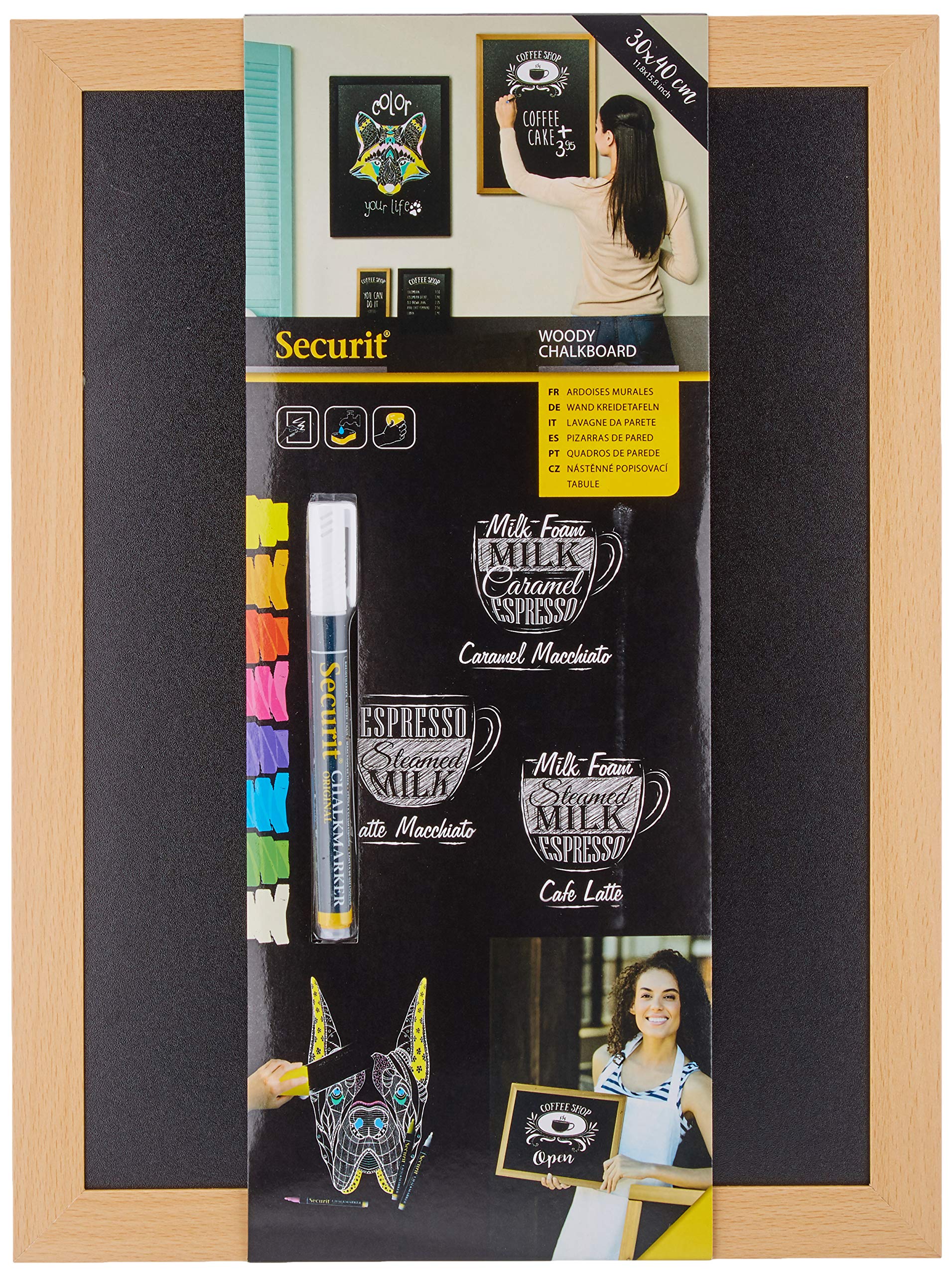 Securit Woody Wood Chalk Board with Chalk Marker, Lacquered Teak Finish, 30 x 40 cm, 6 pc