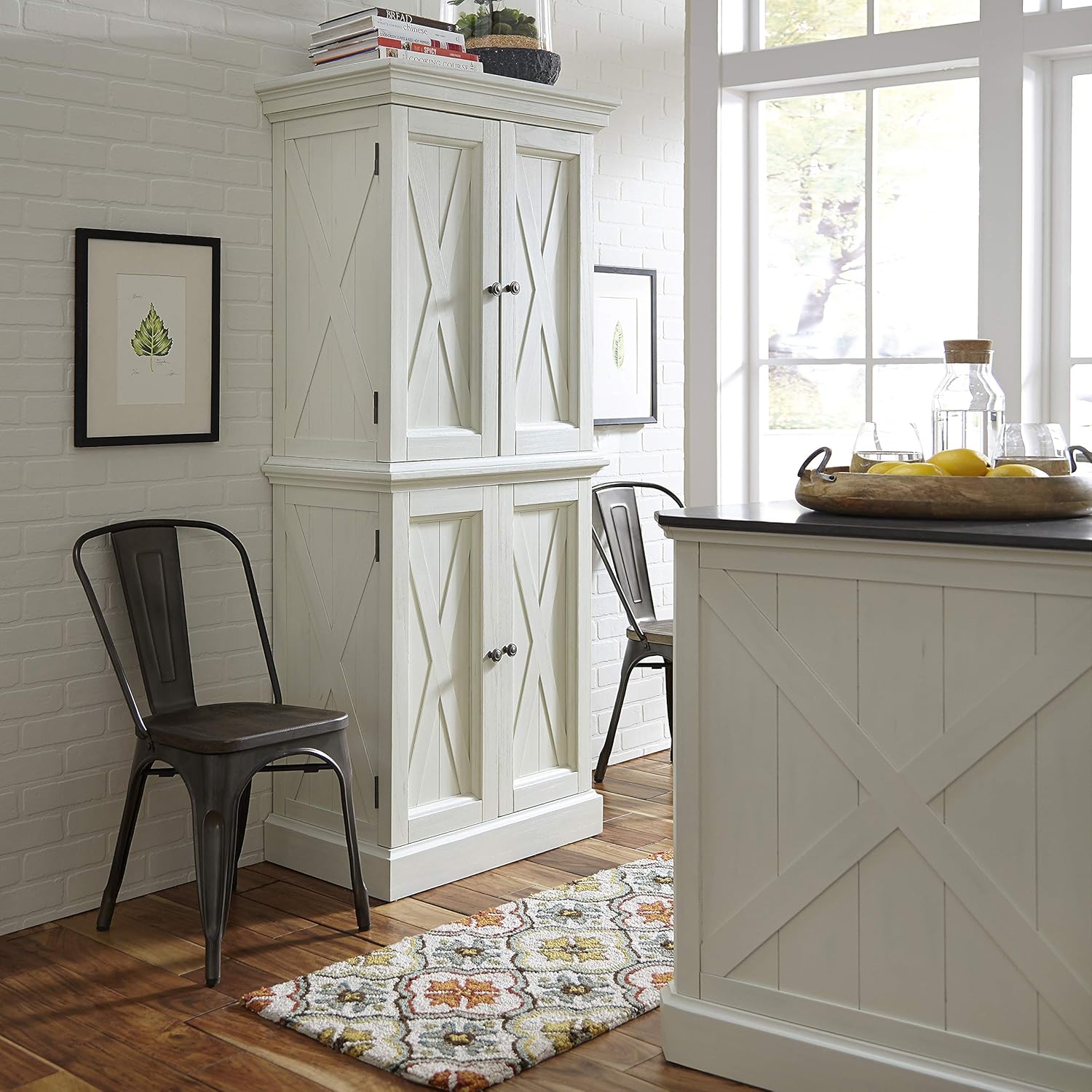 Home Styles Seaside Lodge Hand Rubbed White Kitchen Pantry with Two Upper and Two Lower Storage Cabinets: Furniture & Decor