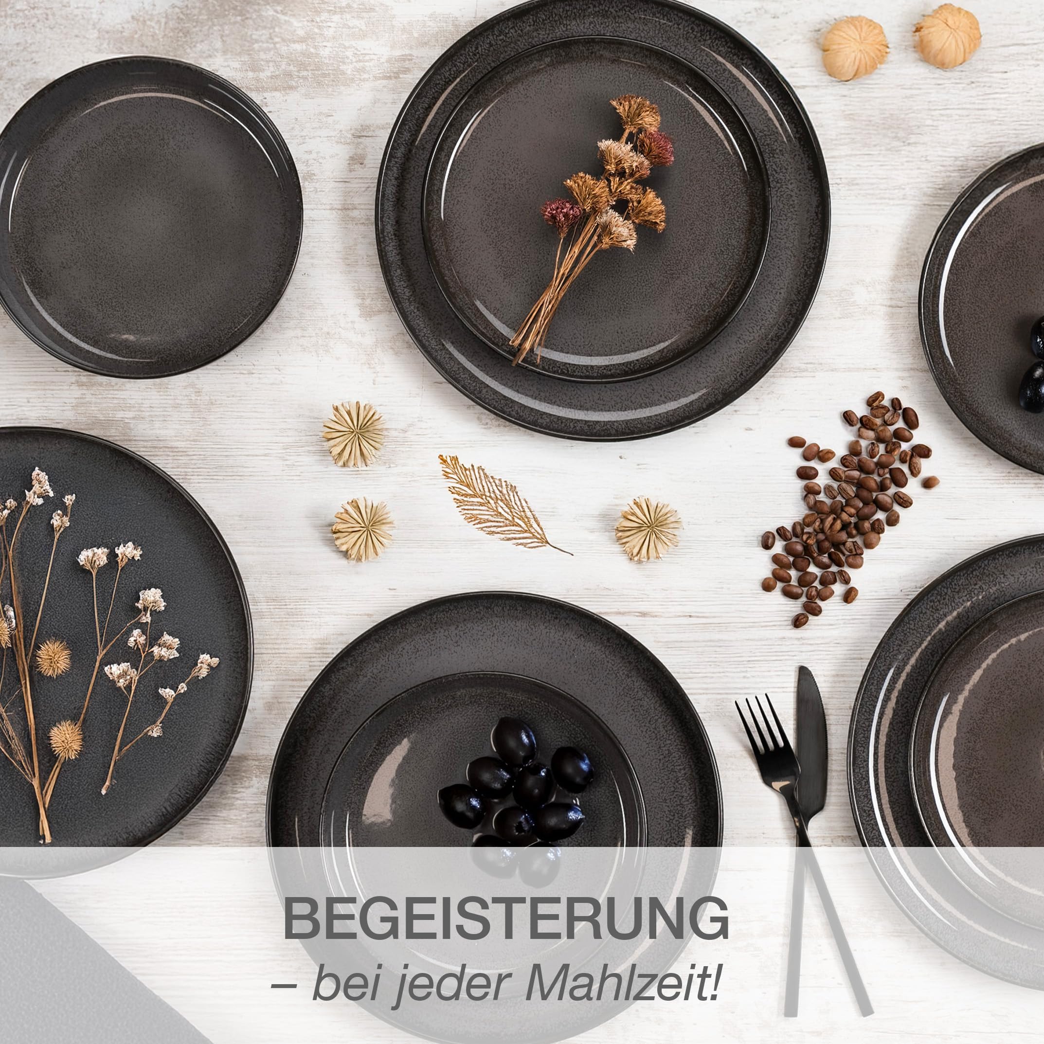 Moritz & Moritz VIDA Geschirrset 6 Personen Anthrazit 18-tlg. - Modernes Porzellan Geschirr Set - Kratz-, Mikrowellen- & Spülmaschinenfest, Essgeschirr, Tafelservice, Kombiservice 6 Personen 7