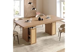 LIKIMIO 78.7" Farmhouse Dining Table for 6-8 People, Extra Thick Wood Top with 2 Hidden Adjustable Storage Drawers, Modern Woven Rattan Table for Dining Room, Kitchen, Living Room, Rustic White