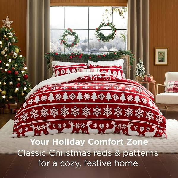 BEDSURE FLUFFY CHRISTMAS COMFORTER SET QUEEN – CHRISTMAS REVERSIBLE SHERPA FLEECE BEDDING, RED WARM BED SETS FOR WINTER, 3 PIECES, 1 SOFT PLUSH SHAGGY COMFORTER WITH 2 PILLOWCASES