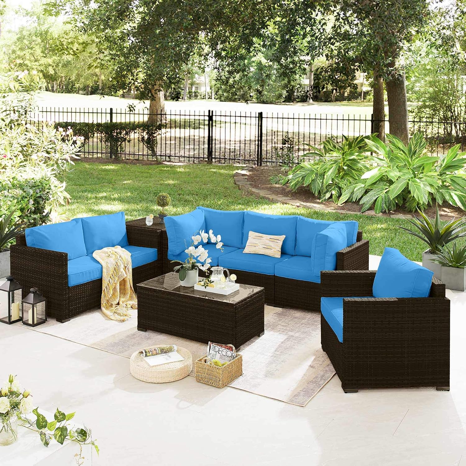 Amazon Com Tribesigns 8 Pieces Outdoor Patio Furniture Set With Side Storage Tables Extra Large Wicker Rattan Sectional Conversation Sofa Set With Glass Table And Cushions For Garden Porch Backyard Bn Blue Garden