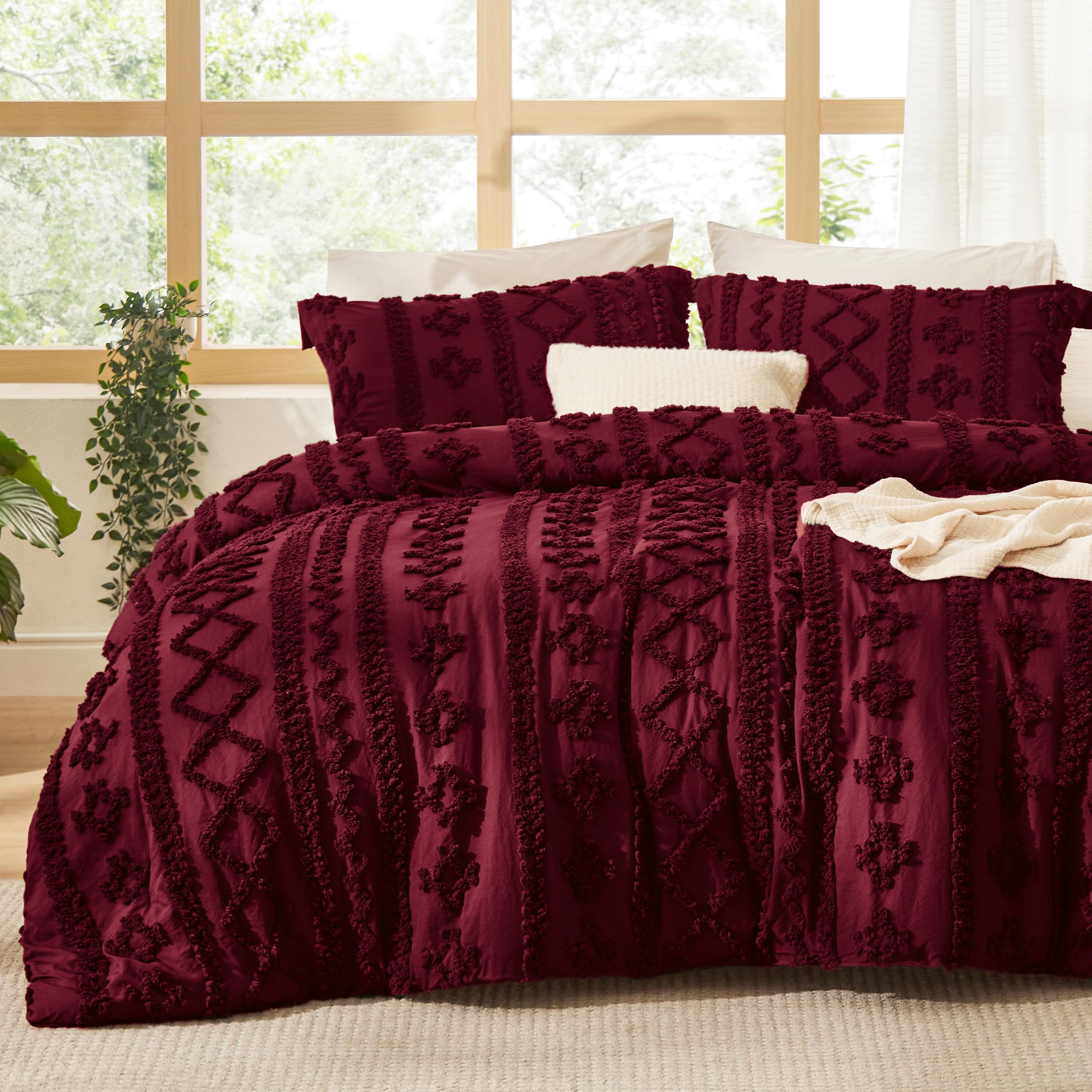 Photo 1 of Bedsure Tufted Boho Comforter Set Queen Size - Dark Red Boho Bed Set, GentleSoft™ 3 Pieces Farmhouse Shabby Chic Embroidery Bedding, Gifts for Woman, Soft Jacquard Queen Comforter for All Seasons