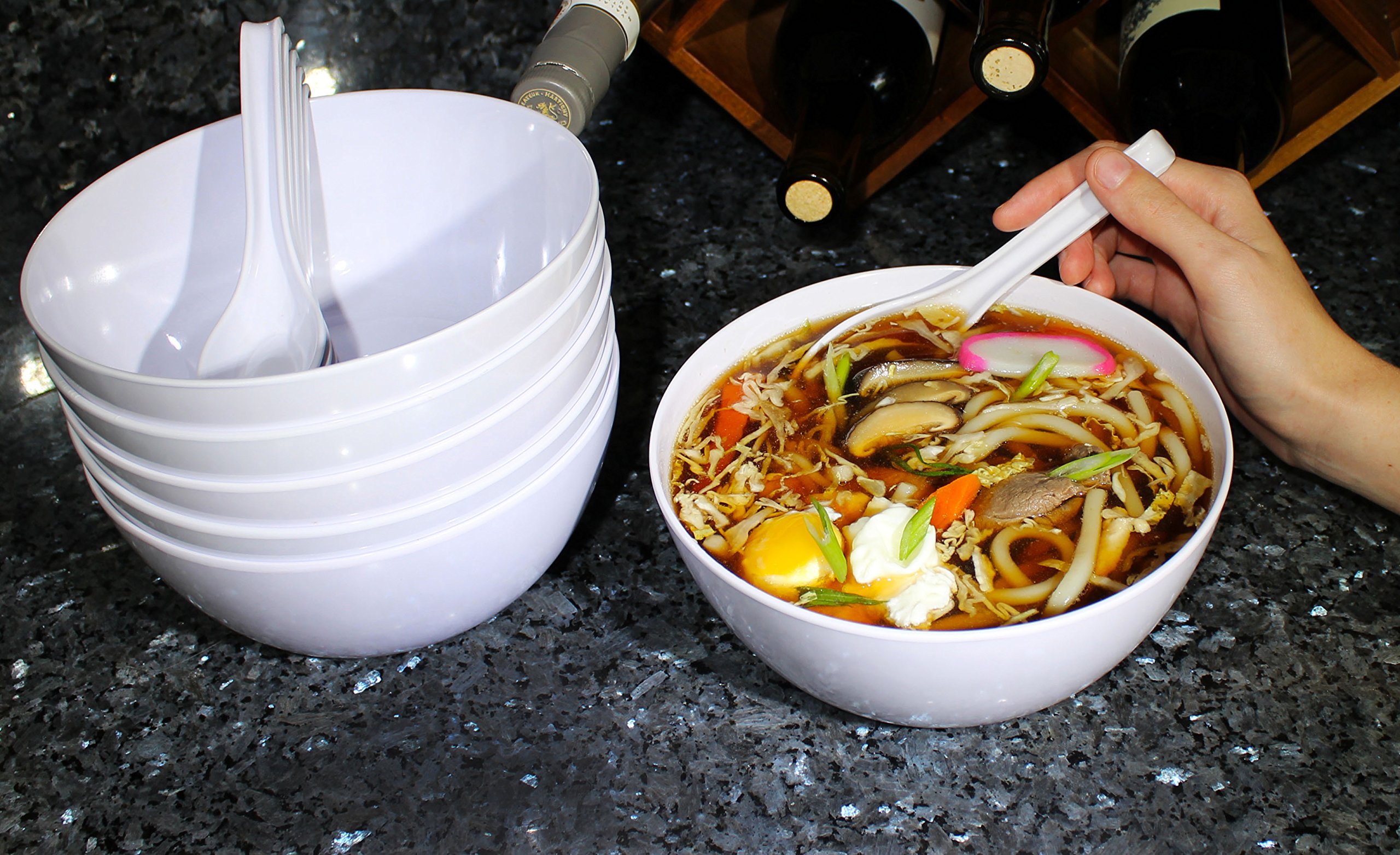 Chef Miso Set of 6 Extra Large Melamine Pho Bowls and Spoons White 48