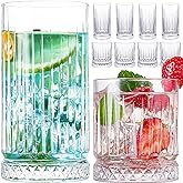 wookgreat Crystal Drinking Glasses, Set of 8 Durable Glass Cups-4 Highball Glasses 15oz & 4 Rocks Glasses 12oz, Mojito Cups, Cocktail Glass, Bar Glassware Set for Cocktail, Beer, Whiskey