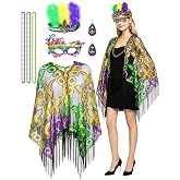 QLINLEAF Mardi Gras Shawl Scarf Costume Accessories Mardi Gras Outfit for Women Sequin Headband Poncho and Earrings Canival Party Favor