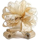 CT CRAFT LLC Champagne Gold Swirl Less Glitter Christmas Tree Topper Bow 11" with 4 Ribbon Streamers x 3 Yards Long Each for Holidy Elegant Fancy Home Décor Indoor