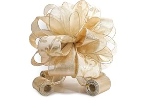 CT CRAFT LLC Champagne Gold Swirl Less Glitter Christmas Tree Topper Bow 11" with 4 Ribbon Streamers x 3 Yards Long Each for Holidy Elegant Fancy Home Décor Indoor