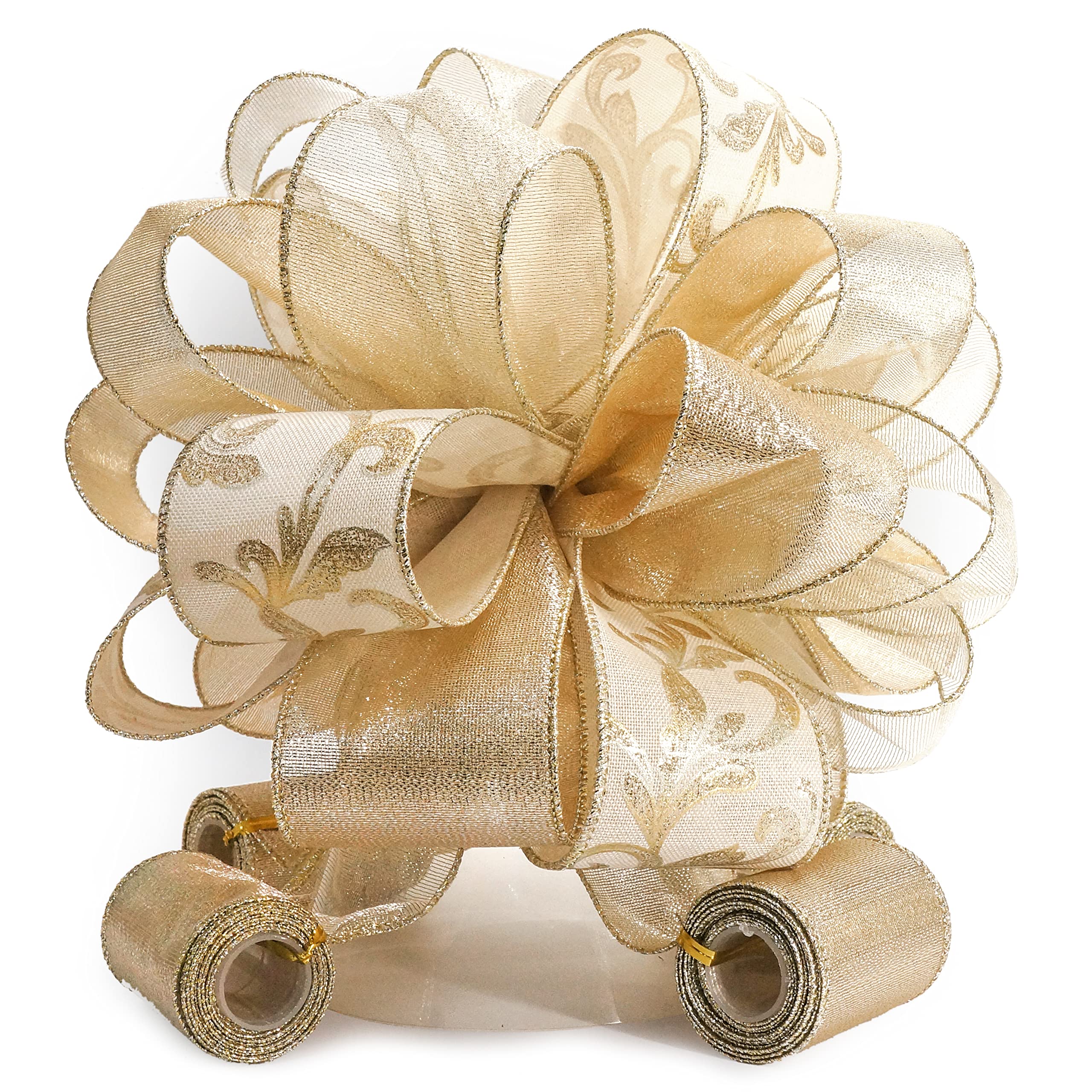 Photo 1 of CT CRAFT LLC Champagne Gold Swirl Less Glitter Christmas Tree Topper Bow 11" with 4 Ribbon Streamers x 3 Yards Long Each for Holidy Elegant Fancy Home Décor Indoor