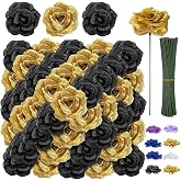 LELEE 108pcs Black Gold Roses Flowers with Stem for Graduation Bridal Decor | Real Touch Roses Head, Silk Gold Black Rose Fake Flower for Wedding Bouquet Balls Arrangement Table Centerpieces Party Decor