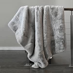 Tahari Mink Faux Fur Throw Luxury Silky Soft Blanket in Cream White (Grey Ice)