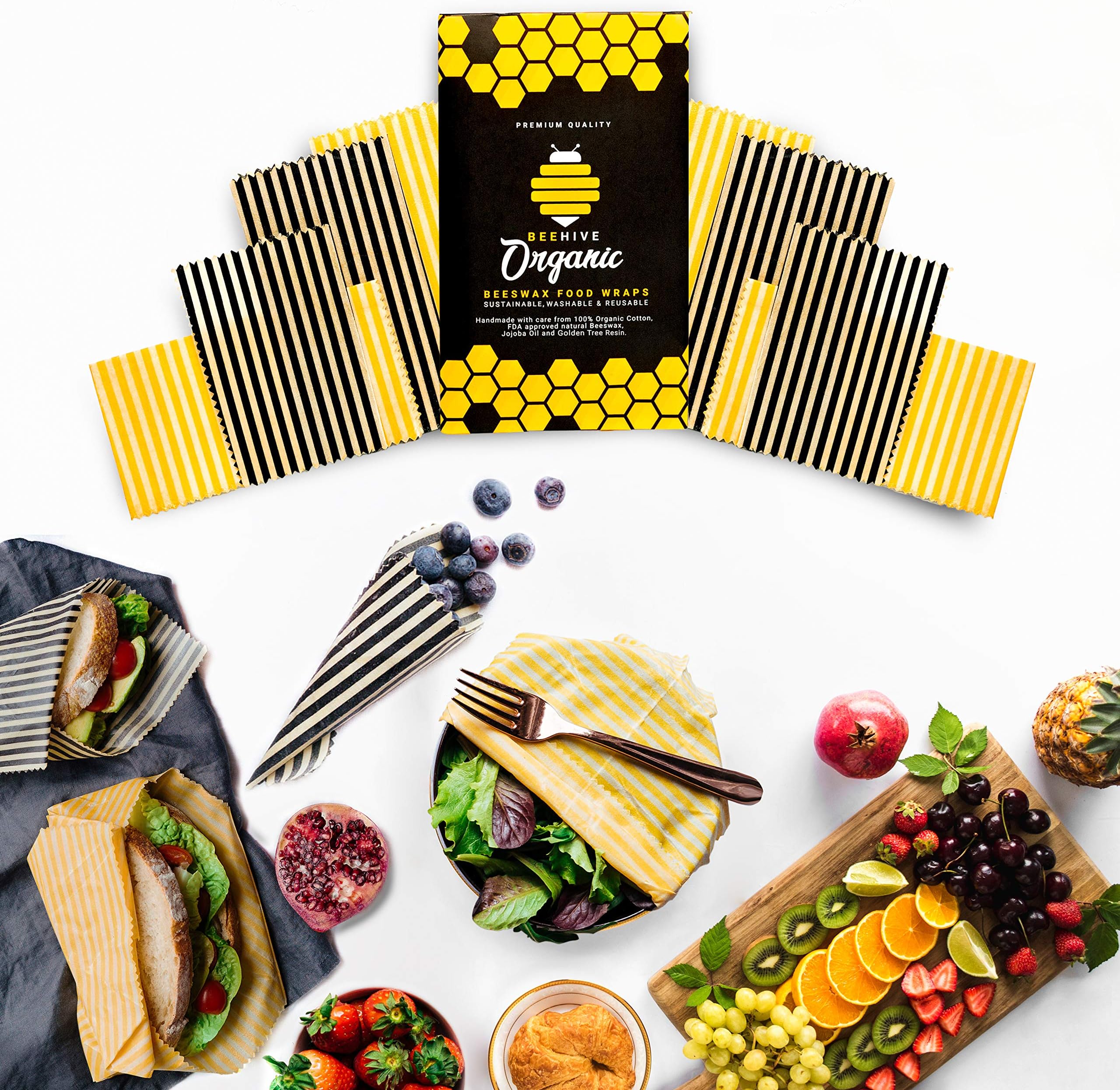 Beehive Organic Beeswax Wrap - [Pack of 4] Zero Waste & Reusable Food wrap | Introduce These Eco Friendly Bees Wax Food Wraps and say Goodbye to Plastic & Clingfilm Forever [Stripy]