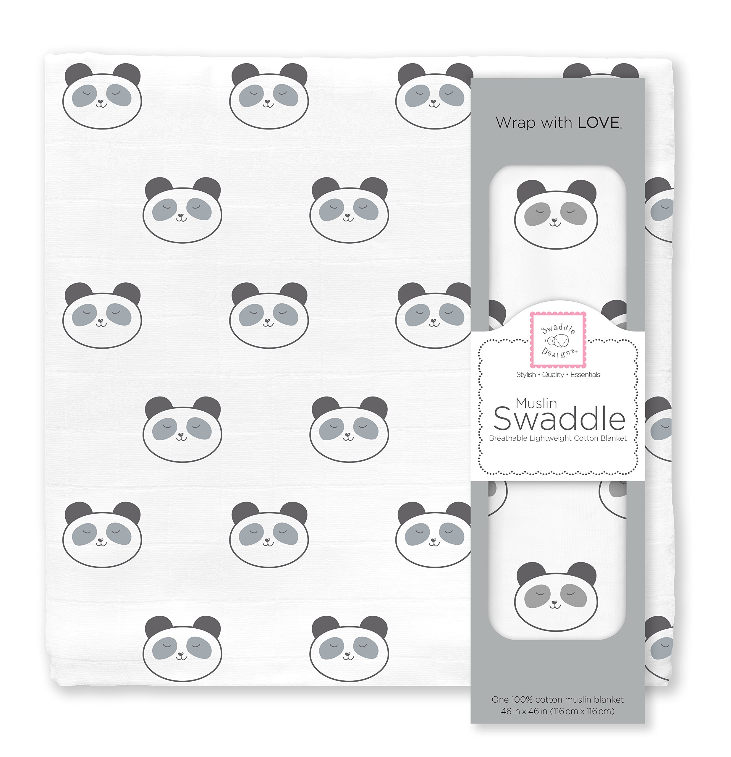 Photo 1 of SwaddleDesigns Cotton Muslin Swaddle Blanket, Receiving Blanket for Boys & Girls, Best Shower Gift, 46x46 inches, Black Panda