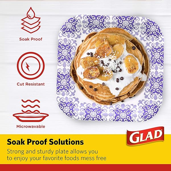 GLAD SQUARE DISPOSABLE PAPER PLATES FOR ALL OCCASIONS | SOAK PROOF, CUT PROOF, MICROWAVEABLE HEAVY DUTY DISPOSABLE PLATES | 8.5″ DIAMETER, 50 COUNT BULK PAPER PLATES