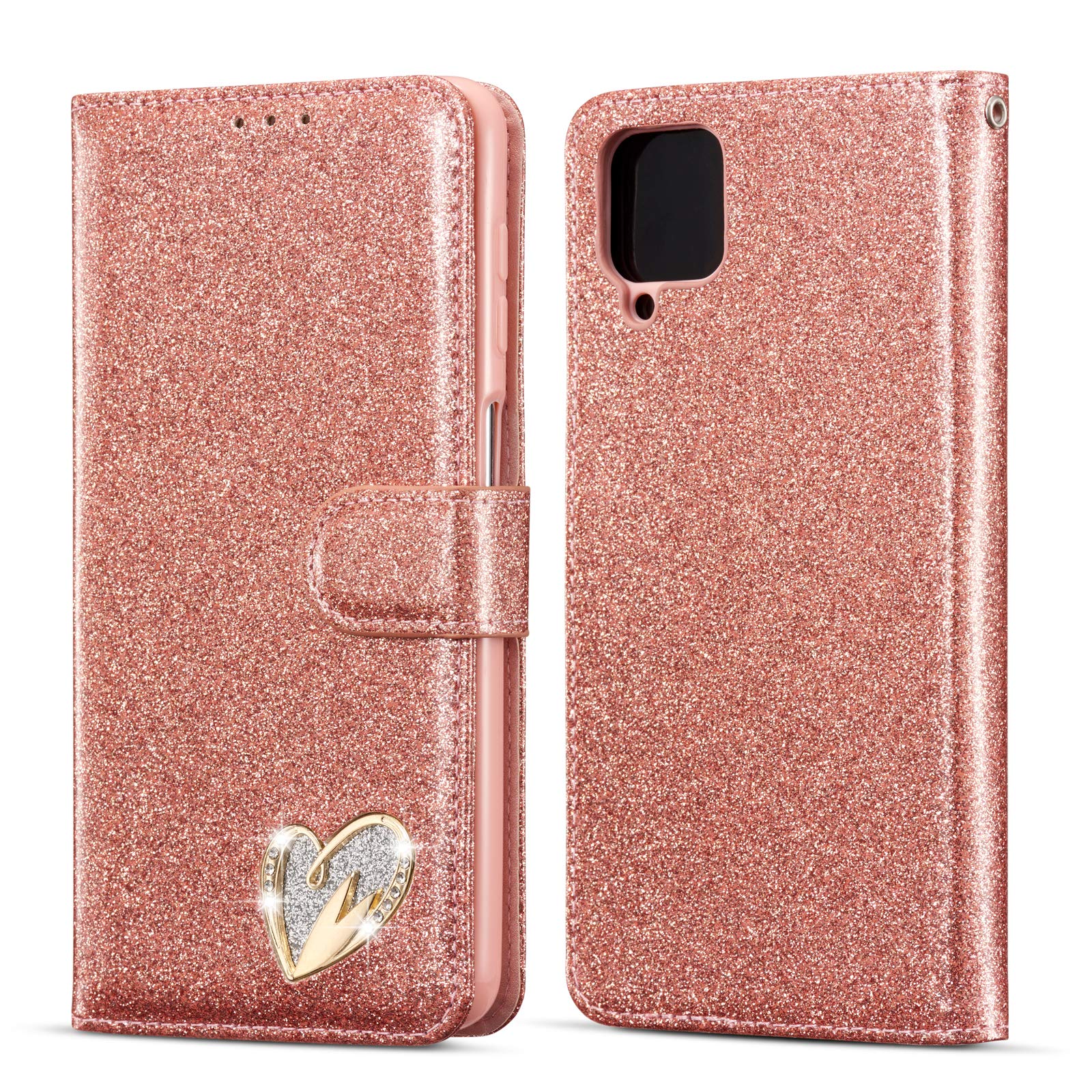 QLTYPRI Case for Samsung Galaxy A12 5G, Wallet Case Premium Glitter PU Leather TPU Bumper Card Holder [Wrist Strap] Inlaid Loving Heart Diamond Flip Cover for Samsung Galaxy A12 5G - Rose Gold