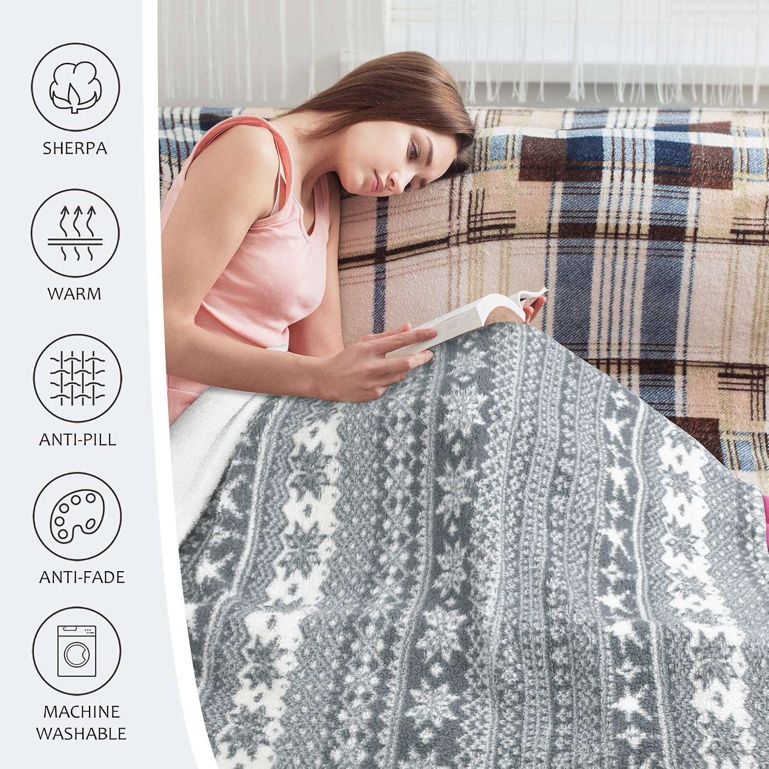 Catalonia Classy Snowflake Theme Sherpa Throw Blanket, Fluffy Plush Cozy Fleece Blanket - Image 5
