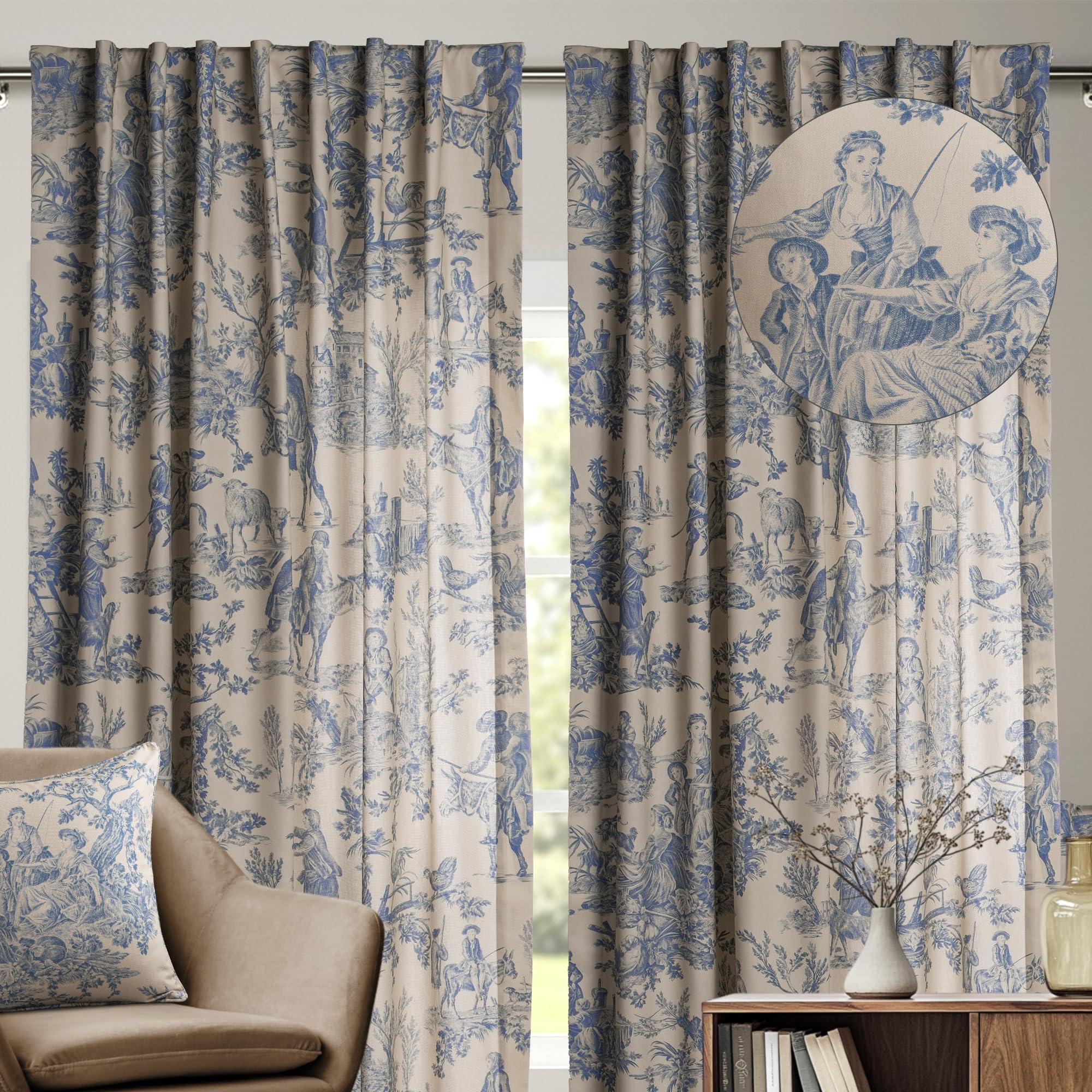 Maison d' Hermine Curtains for Living Room 100% Cotton 124 inch Length Two Panels Light Filtering Toile Curtains for Bedroom Windows with Rod and Loop Pockets Drapes (The Miller Blue, 50" W x 124" L) Image