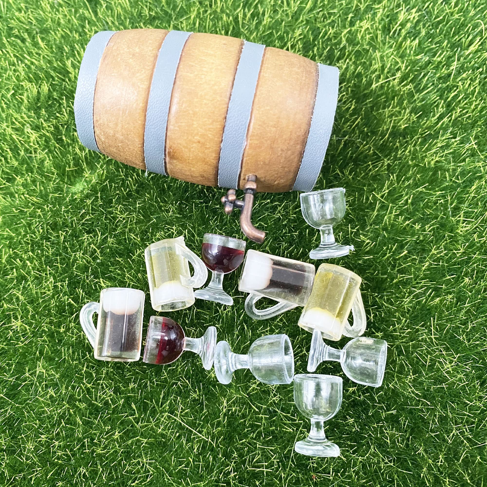 Cayway Mini House Bar Set - 8 PCS With Wooden Beer Barrel and White Wine Glass Set for Fairy Garden Pub Decoration