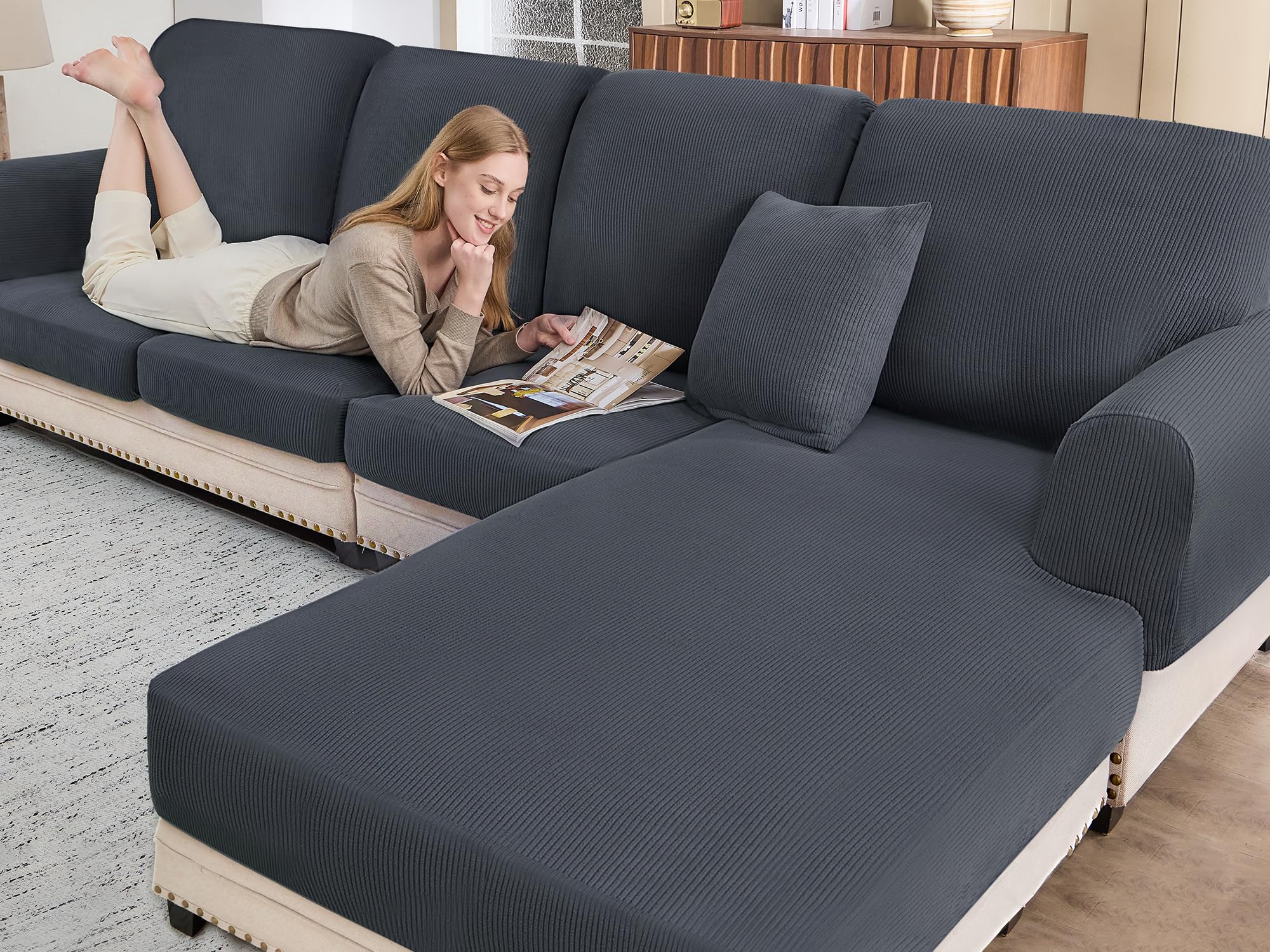 Photo 1 of BT.WA Sectional Couch Covers for Sofa Cushion L Shaped Couch Cover Washable Soft Couch Cushion Covers Stretch Sofa Slipcovers(1-Piece for Chaise or Sofa 3-Seater, Dark Grey)