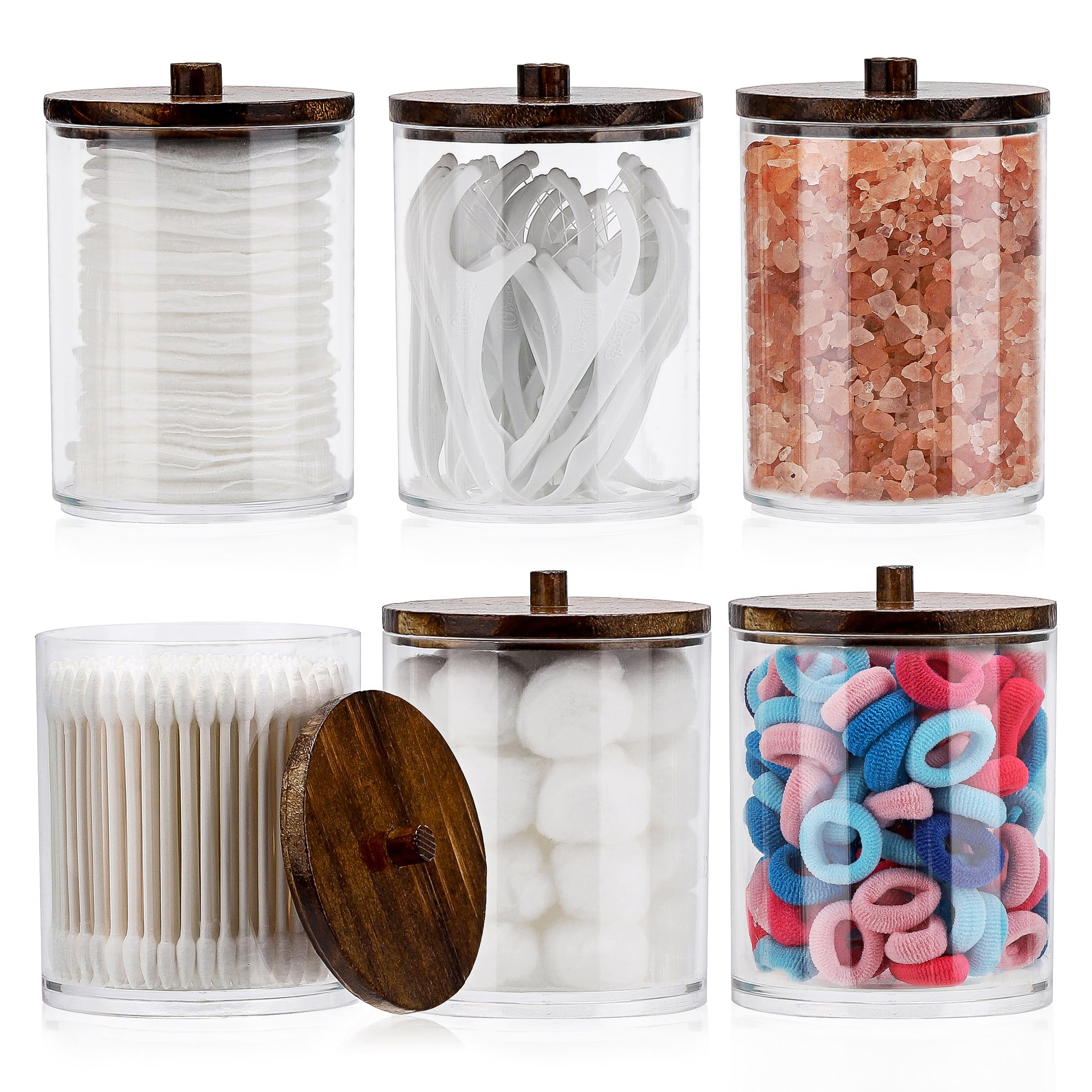 Photo 1 of 6 Pack Qtip Holder - 12oz 10oz Clear Cotton Ball Cotton Swab Holder for Restroom Bathroom Organizers and Storage Containers, Plastic Apothecary Jars with Wood Lids